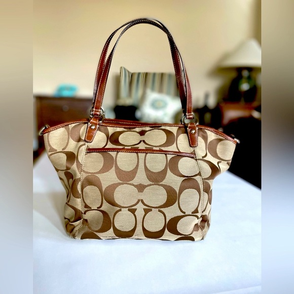 Vintage Coach Monogram Tote in Brown Beige w Shoulder Strap Lightweight & Roomy - Picture 2 of 16